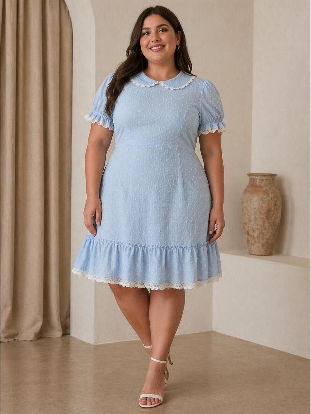 R255 NWOT 23” ptp Large XL Swiss Dot and Lace Blue Dress R0000255